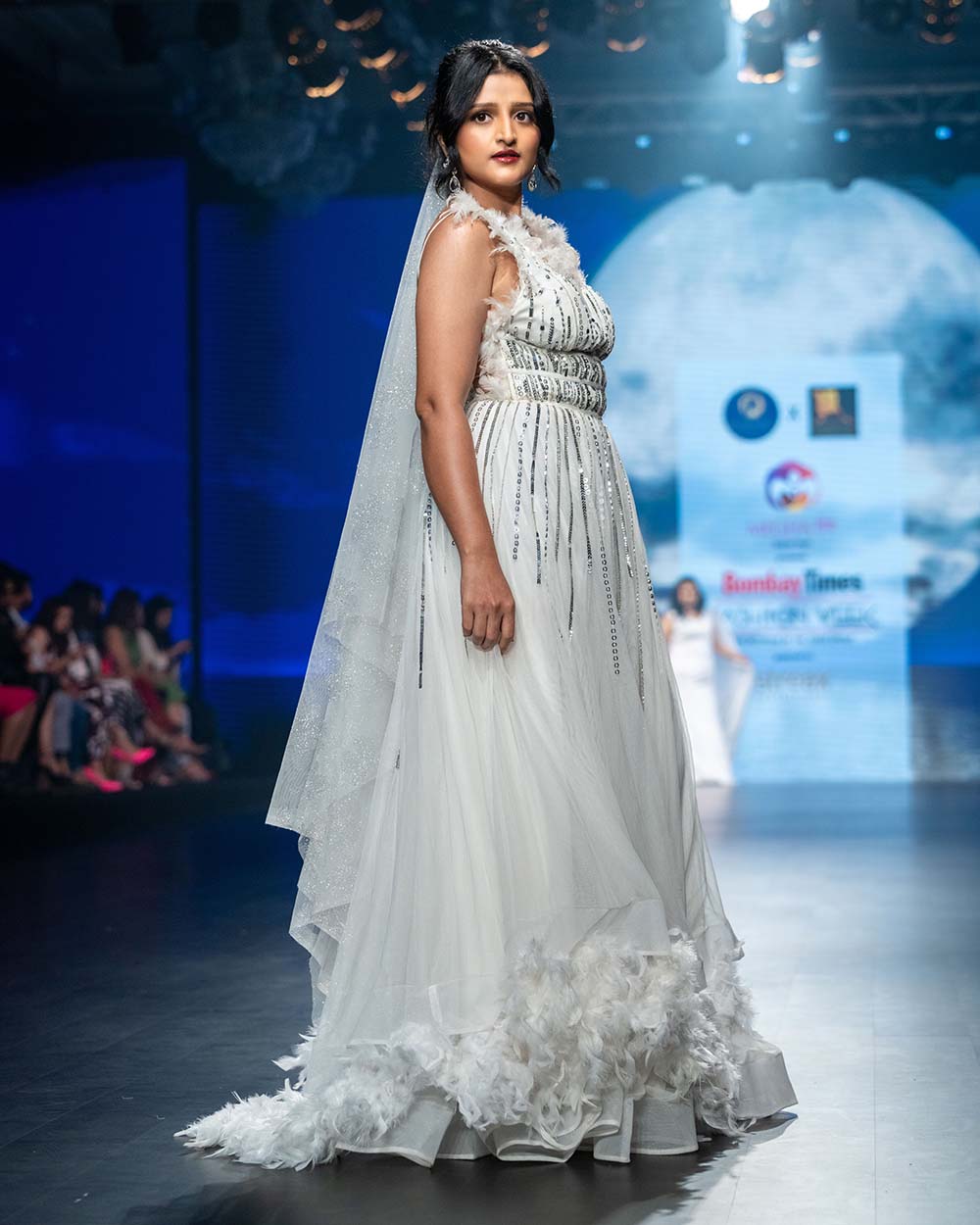 White Feather Detailing Designer Gown with Sequin Work