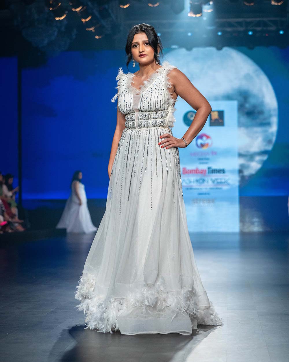 White Feather Detailing Designer Gown with Sequin Work