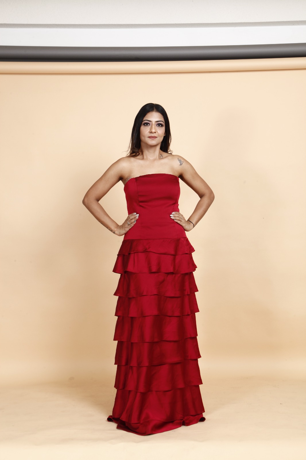 Crimson Red Layered Strapless Evening Gown