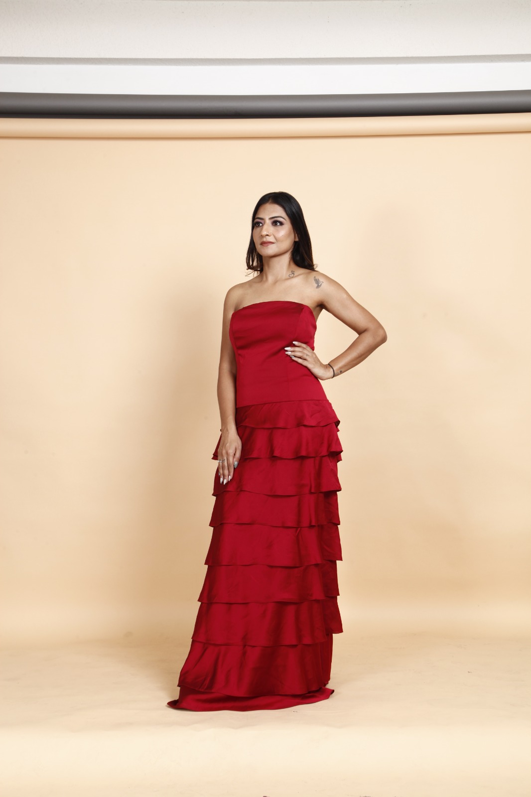 Crimson Red Layered Strapless Evening Gown