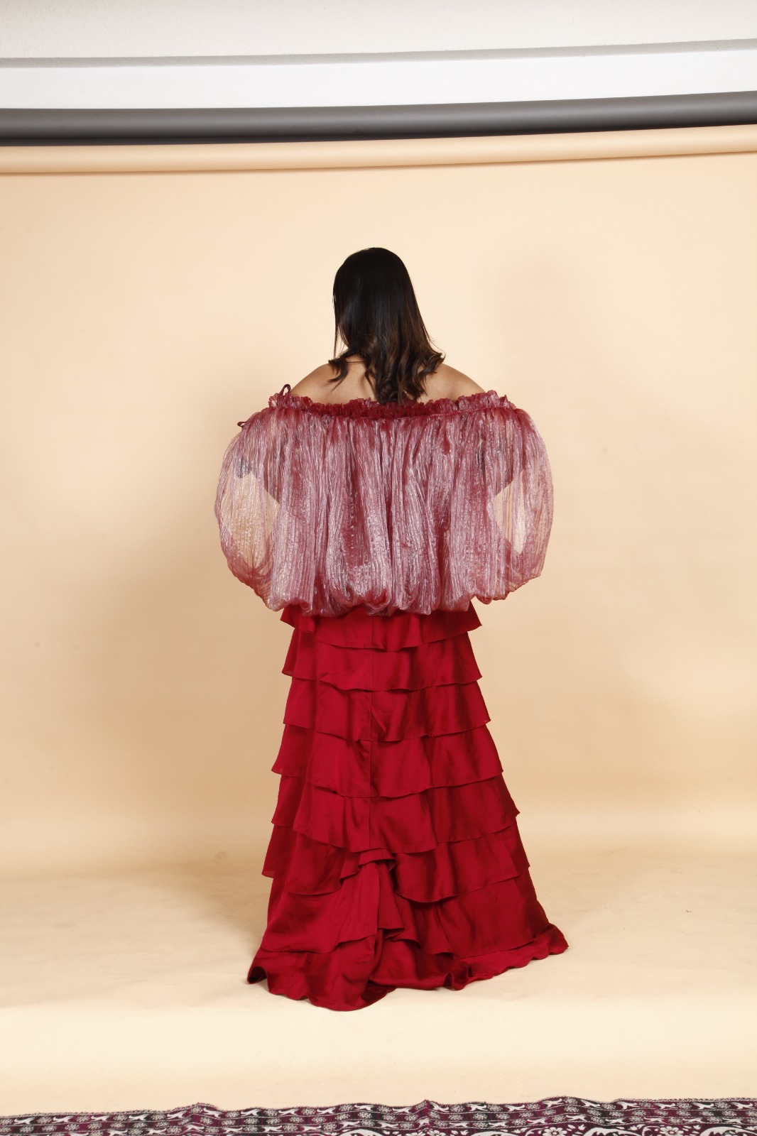 Crimson Red Layered Strapless Evening Gown
