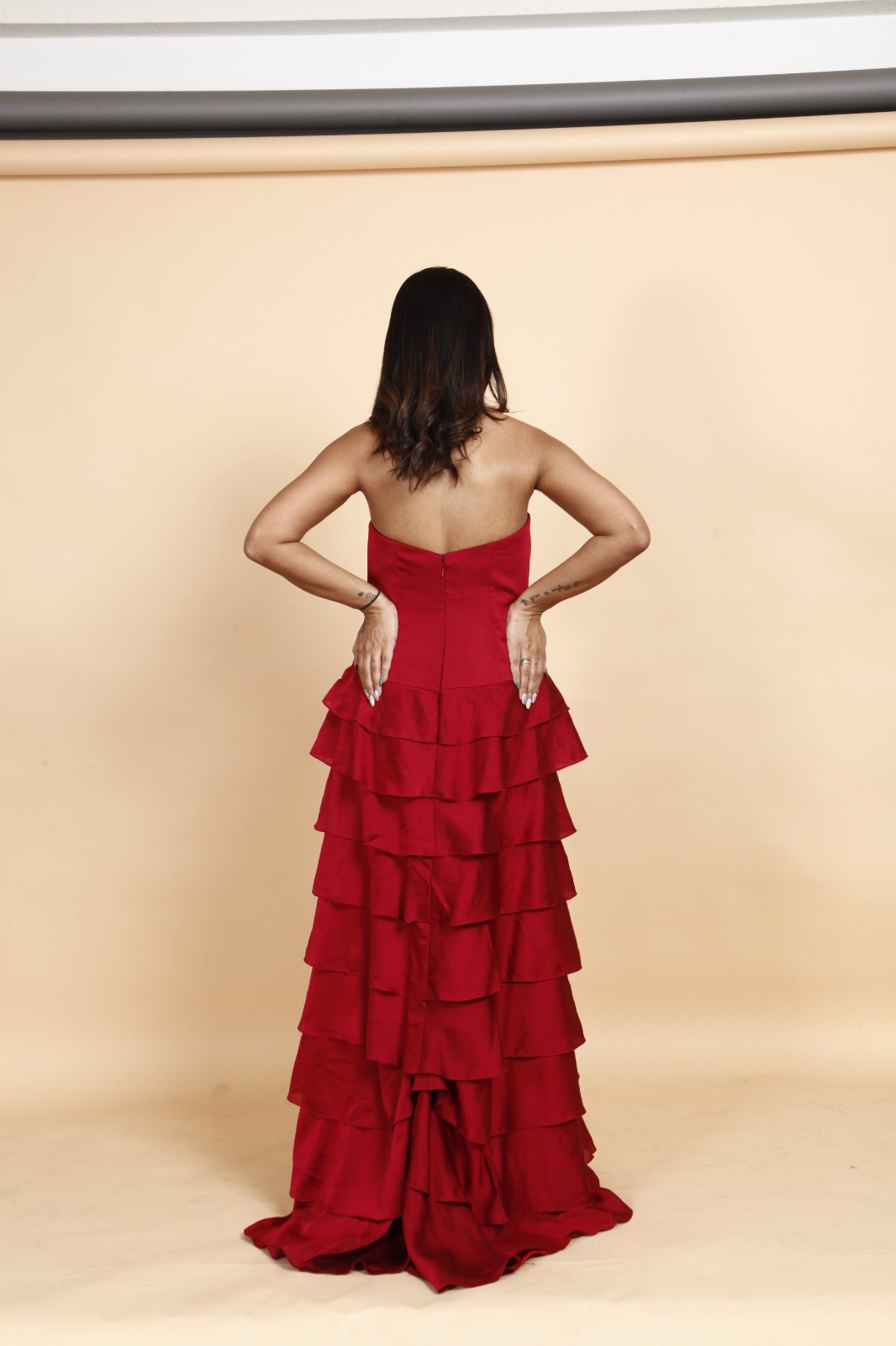 Crimson Red Layered Strapless Evening Gown
