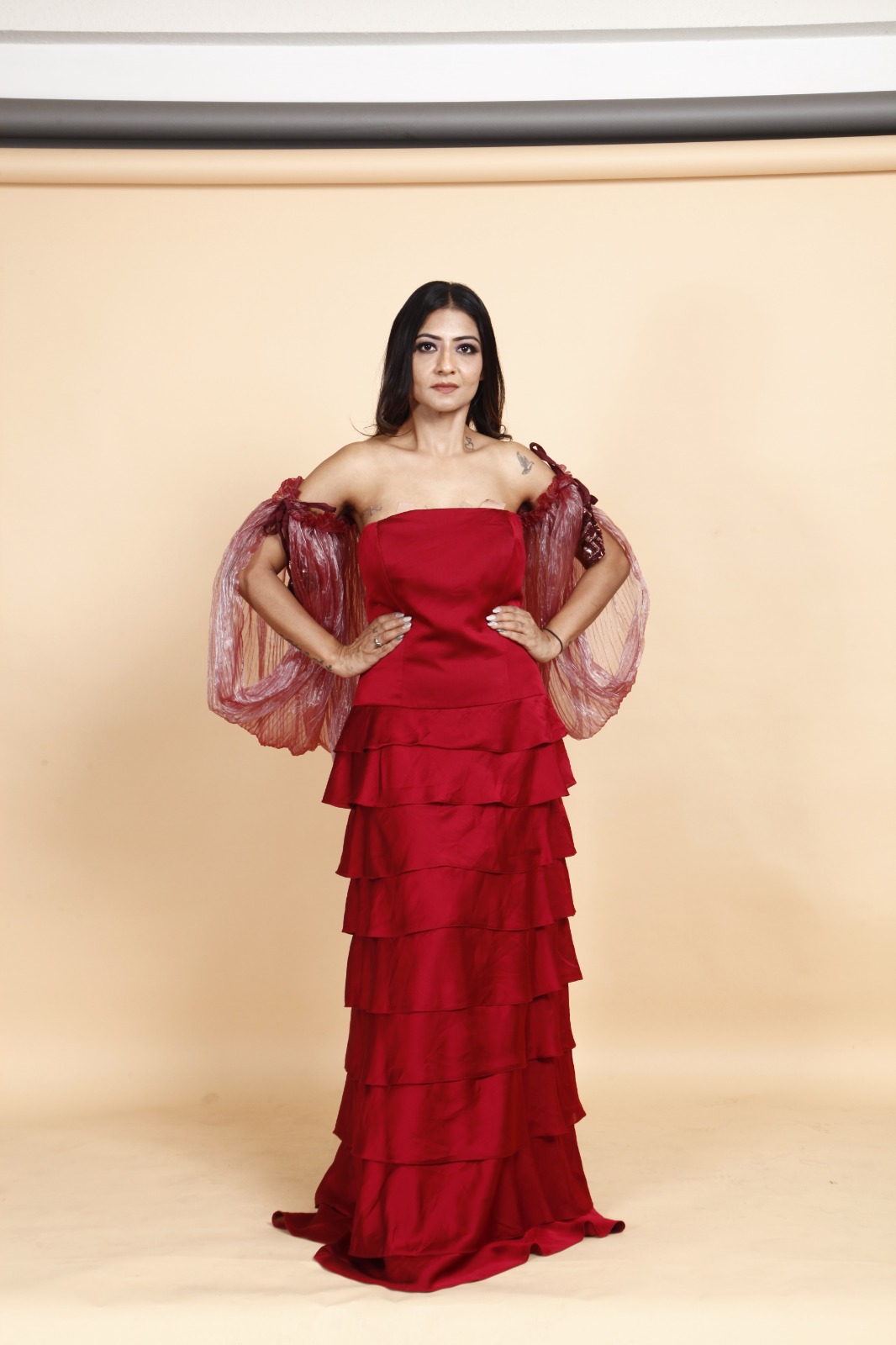 Crimson Red Layered Strapless Evening Gown