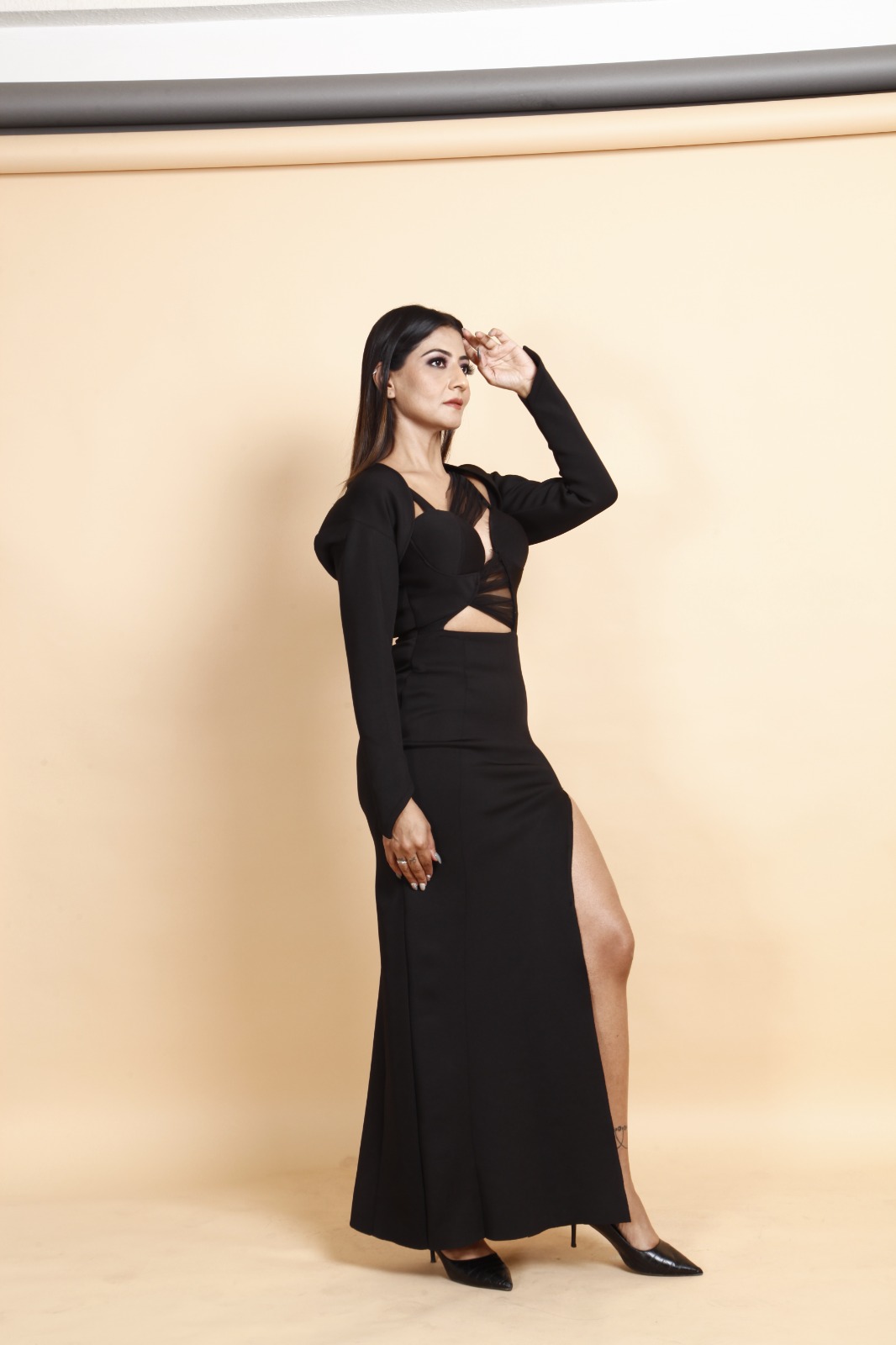 Black Sheer Panel Slit Evening Gown