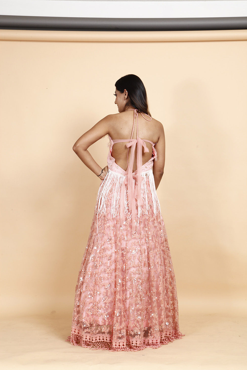 Designer Peach Pink Sequin Embellished Gown with Fringe Detailing