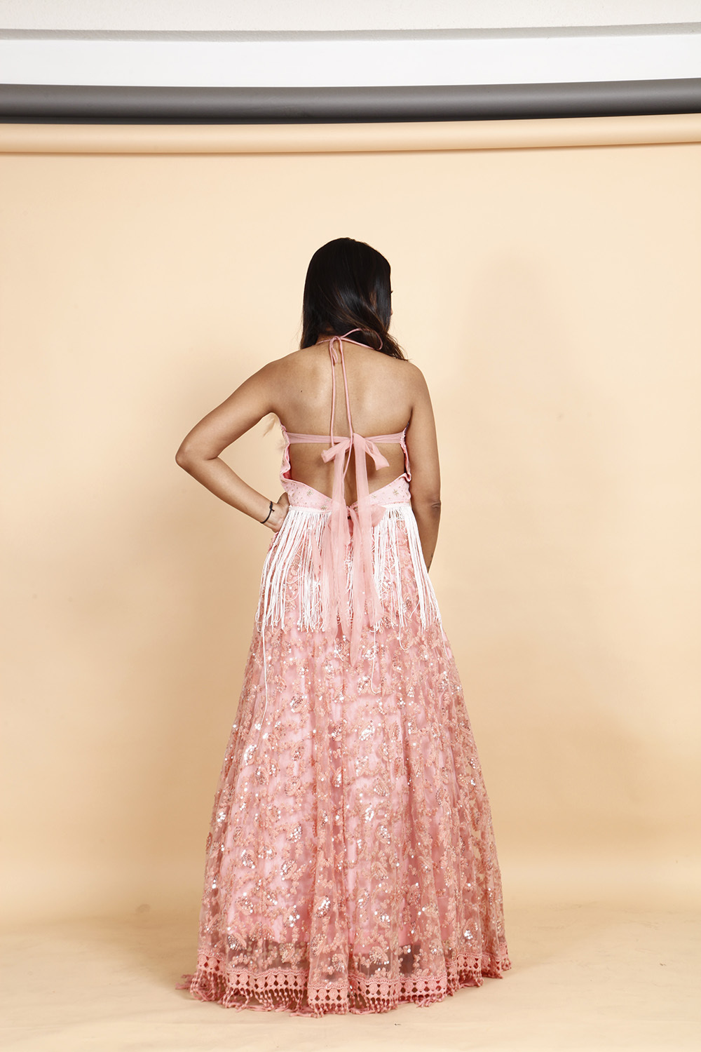 Designer Peach Pink Sequin Embellished Gown with Fringe Detailing