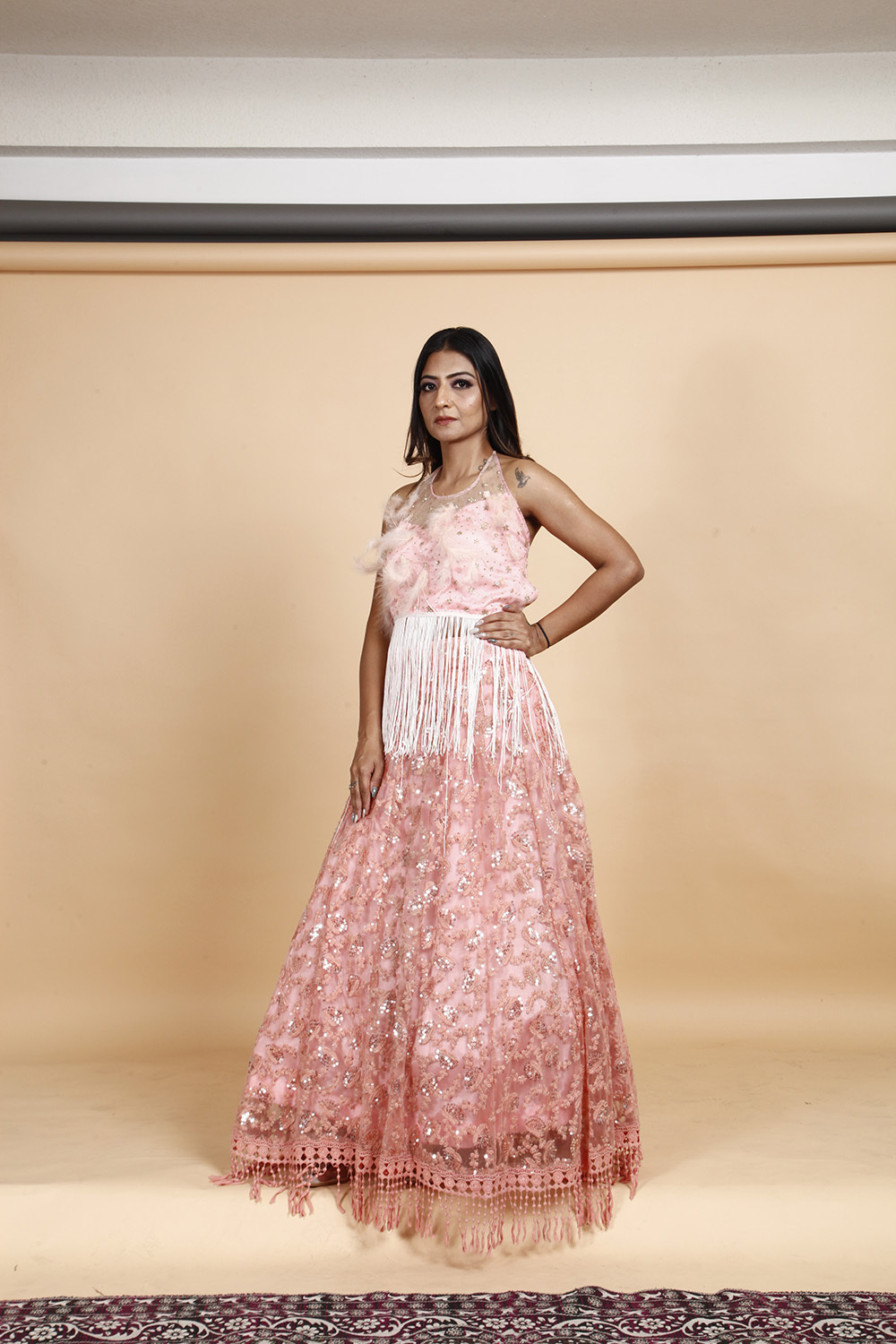 Designer Peach Pink Sequin Embellished Gown with Fringe Detailing