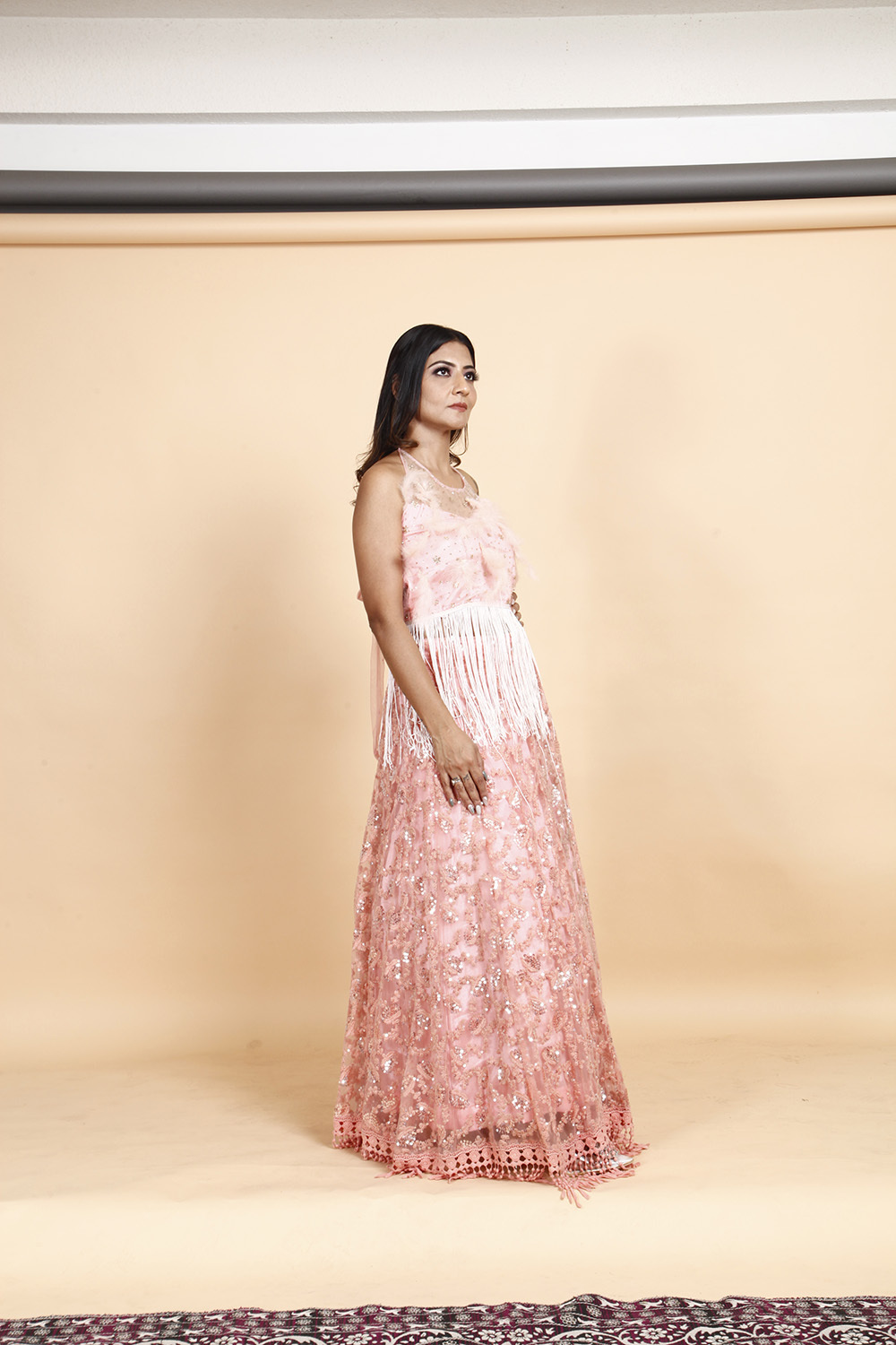 Designer Peach Pink Sequin Embellished Gown with Fringe Detailing