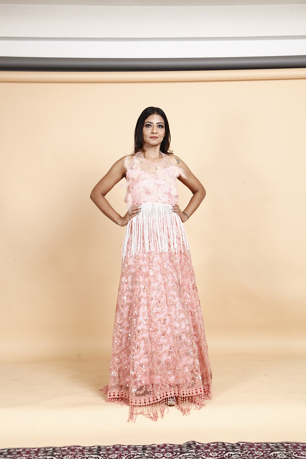 Designer Peach Pink Sequin Embellished Gown with Fringe Detailing