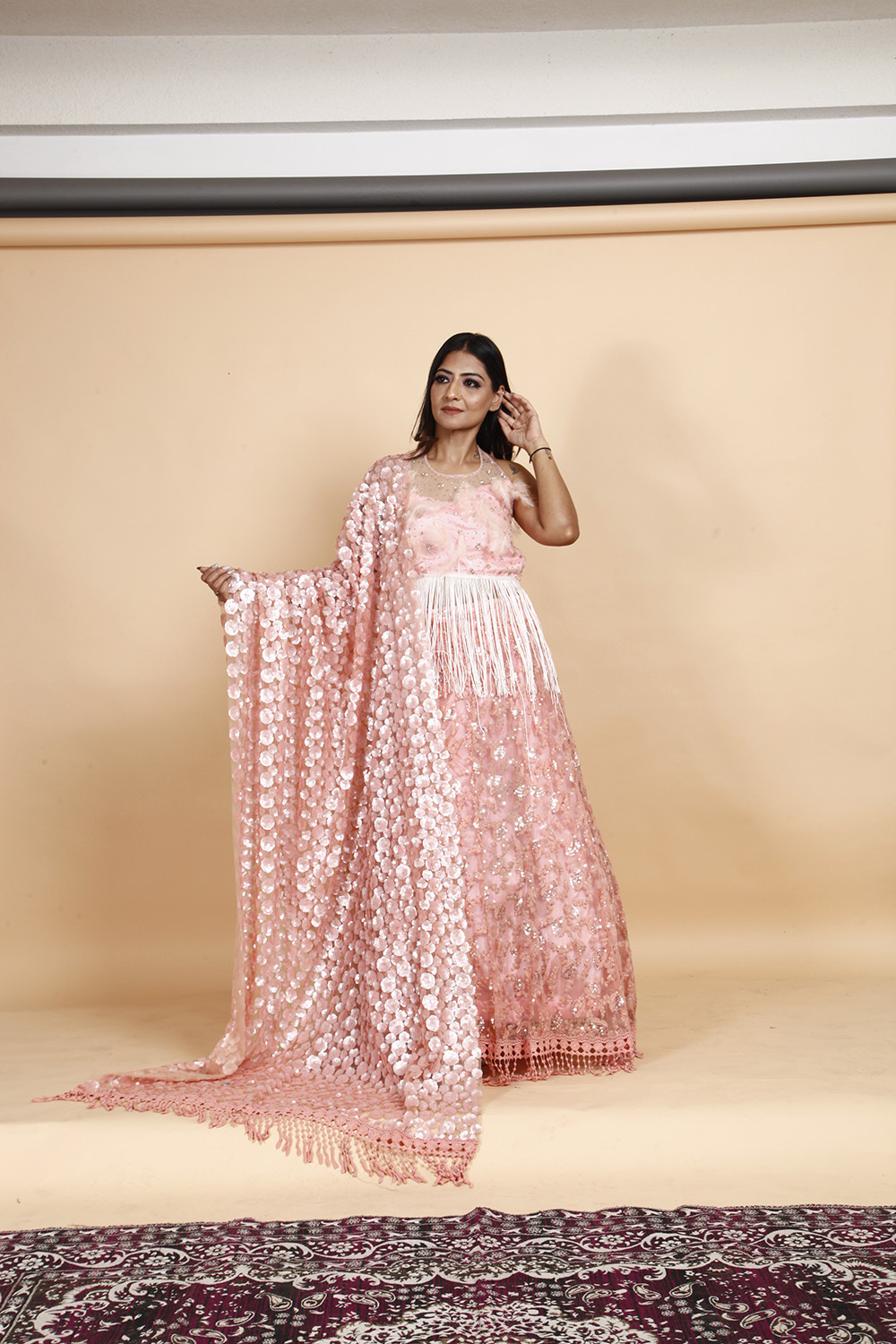 Designer Peach Pink Sequin Embellished Gown with Fringe Detailing