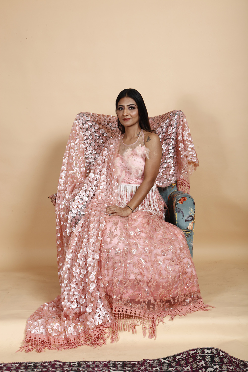 Designer Peach Pink Sequin Embellished Gown with Fringe Detailing