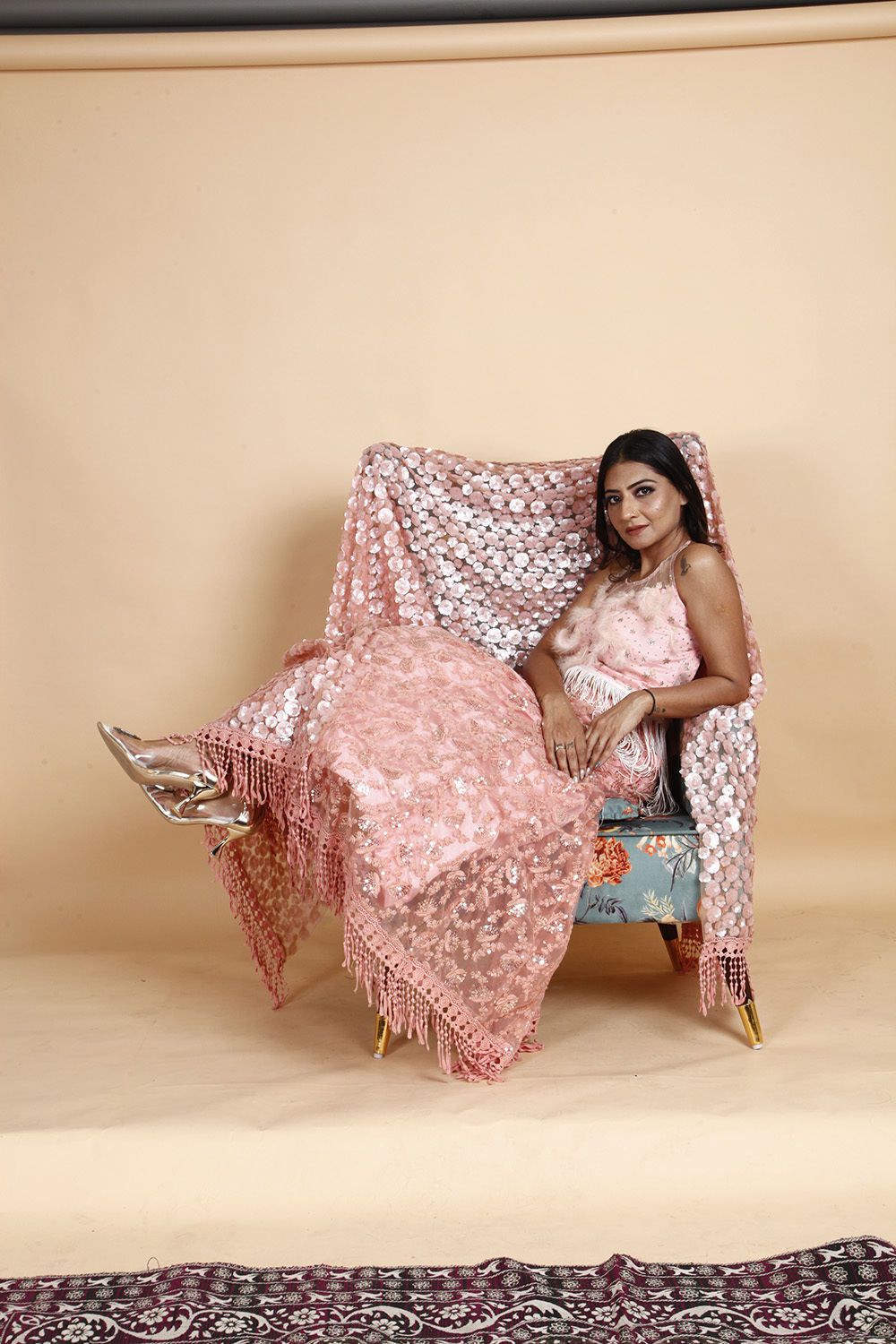 Designer Peach Pink Sequin Embellished Gown with Fringe Detailing