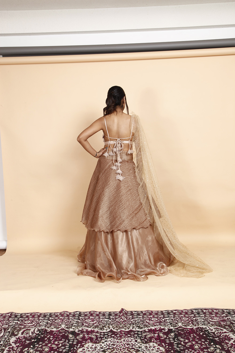 Designer Golden Beige Layered Lehenga Choli with Net Dupatta