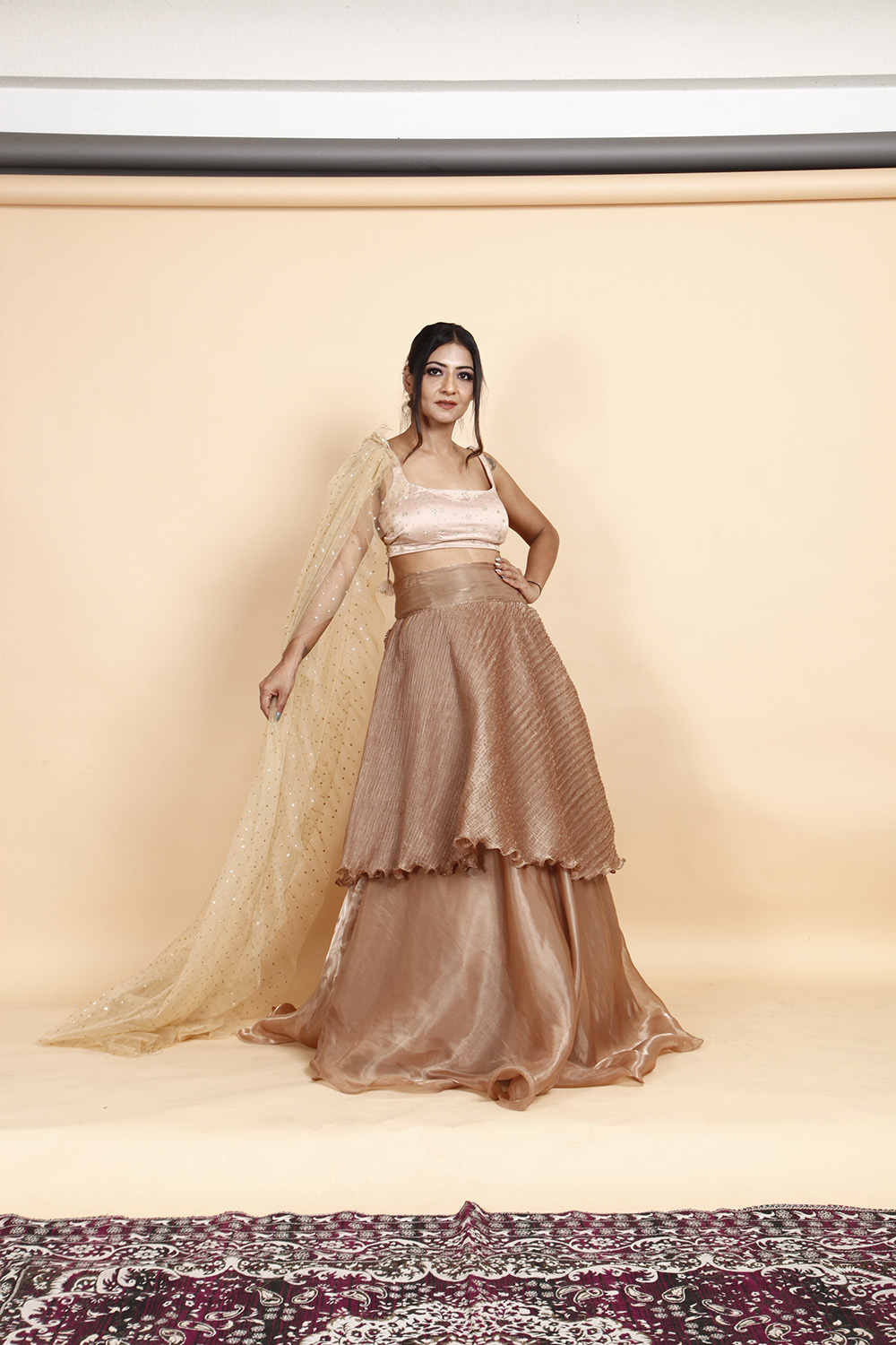 Designer Golden Beige Layered Lehenga Choli with Net Dupatta