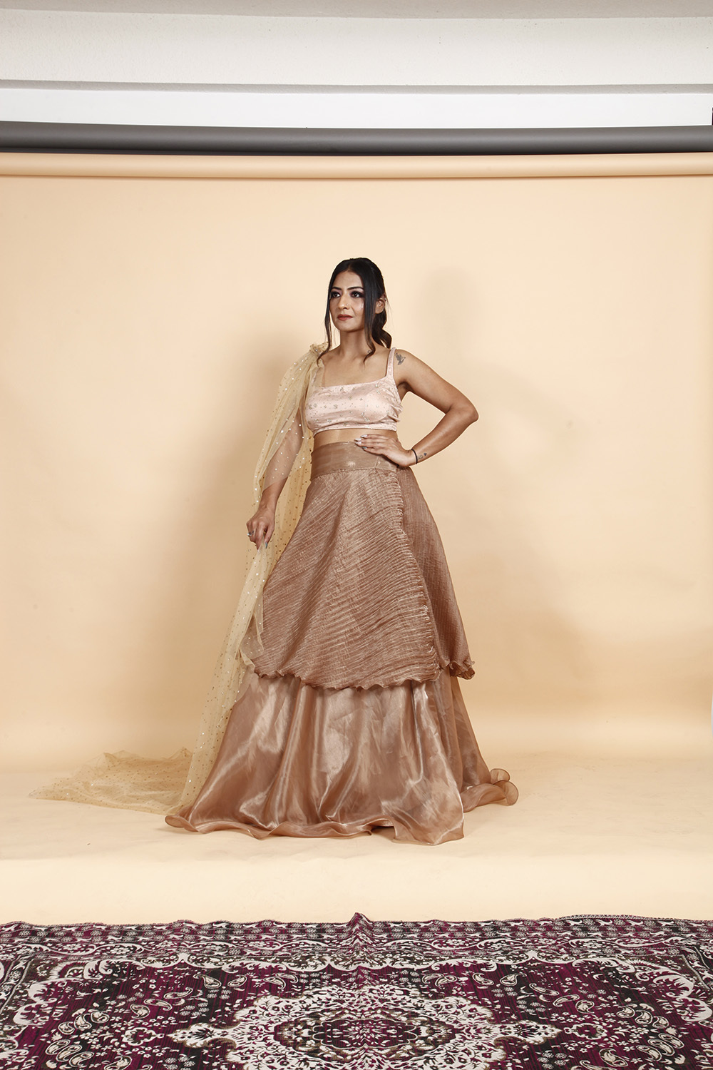 Designer Golden Beige Layered Lehenga Choli with Net Dupatta