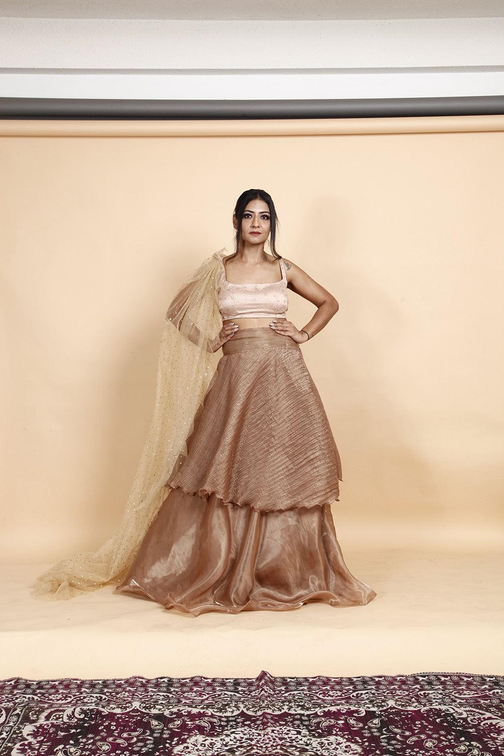 Designer Golden Beige Layered Lehenga Choli with Net Dupatta