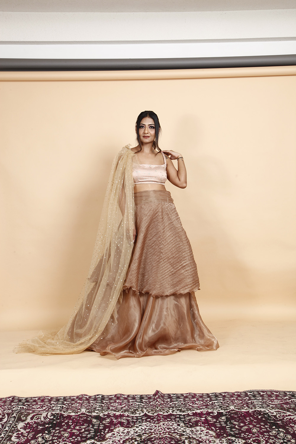 Designer Golden Beige Layered Lehenga Choli with Net Dupatta