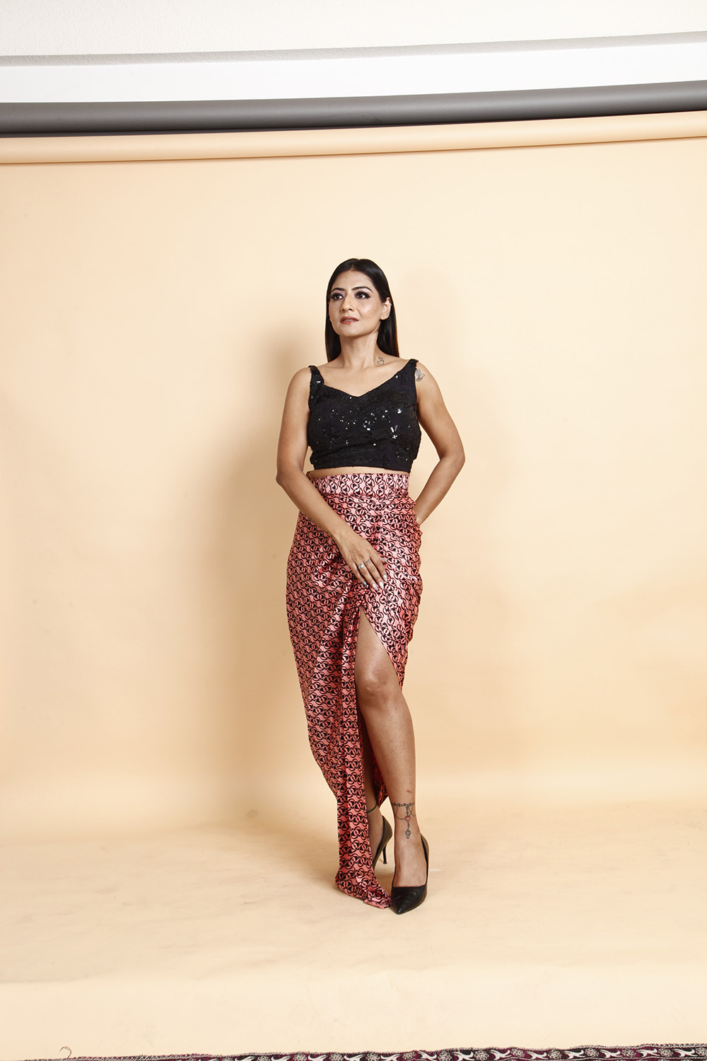 Designer Black Sequin Crop Top with Printed Wrap Skirt & Dupatta