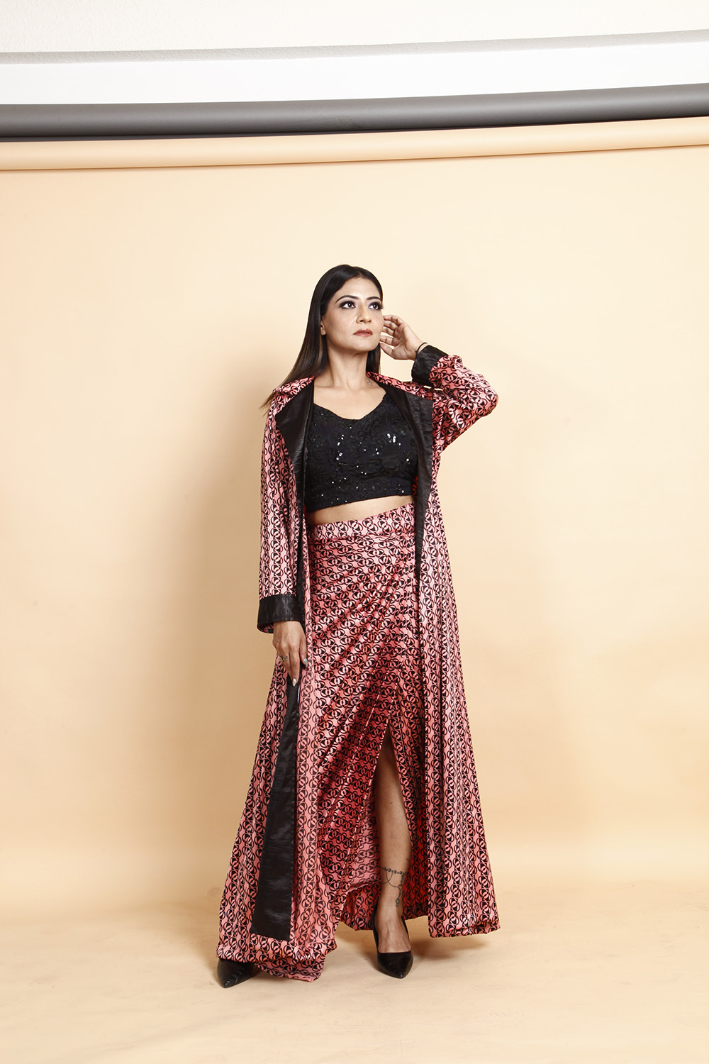 Designer Black Sequin Crop Top with Printed Wrap Skirt & Dupatta