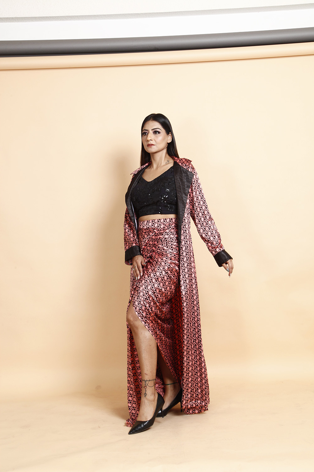 Designer Black Sequin Crop Top with Printed Wrap Skirt & Dupatta
