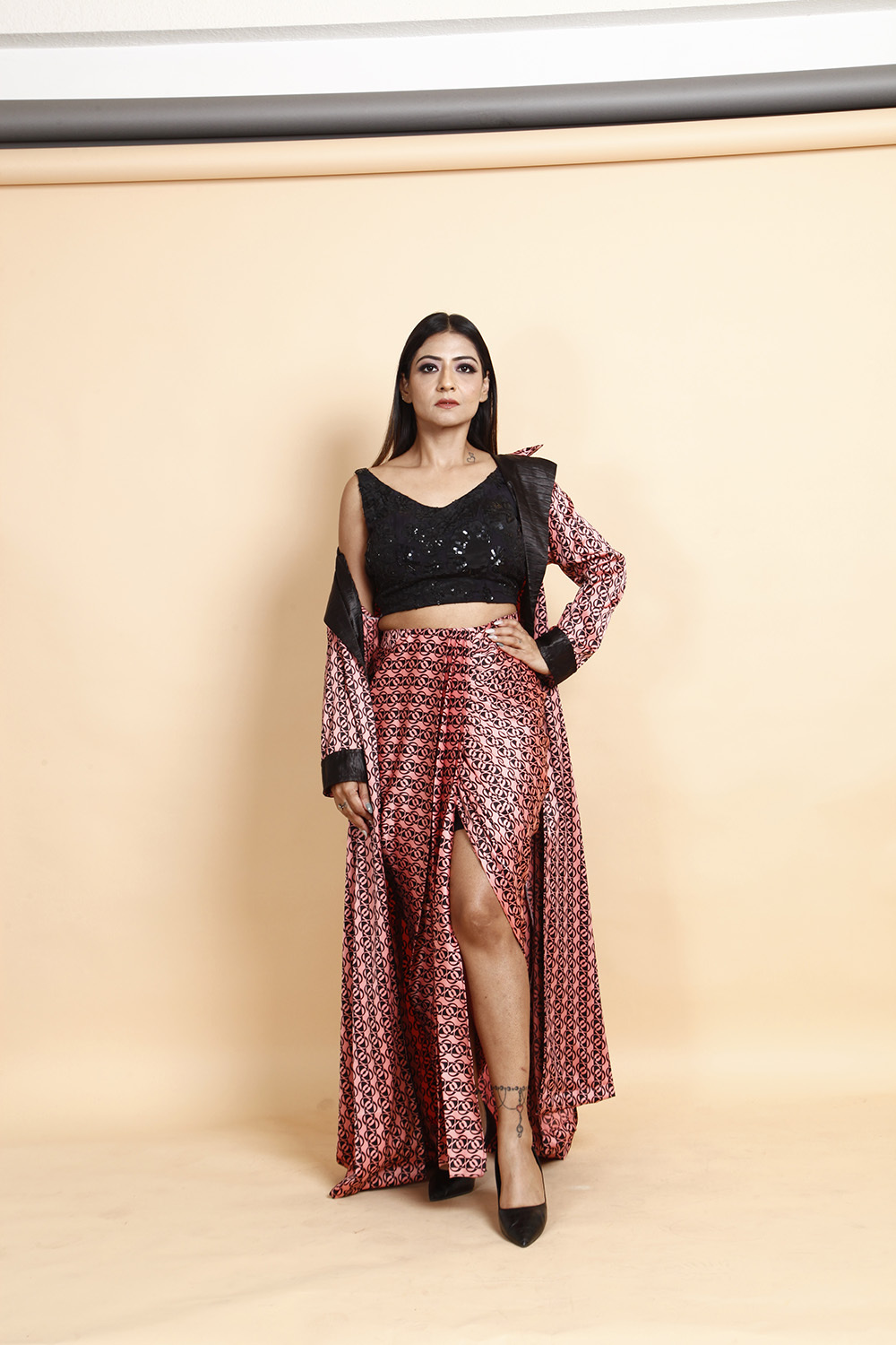 Designer Black Sequin Crop Top with Printed Wrap Skirt & Dupatta