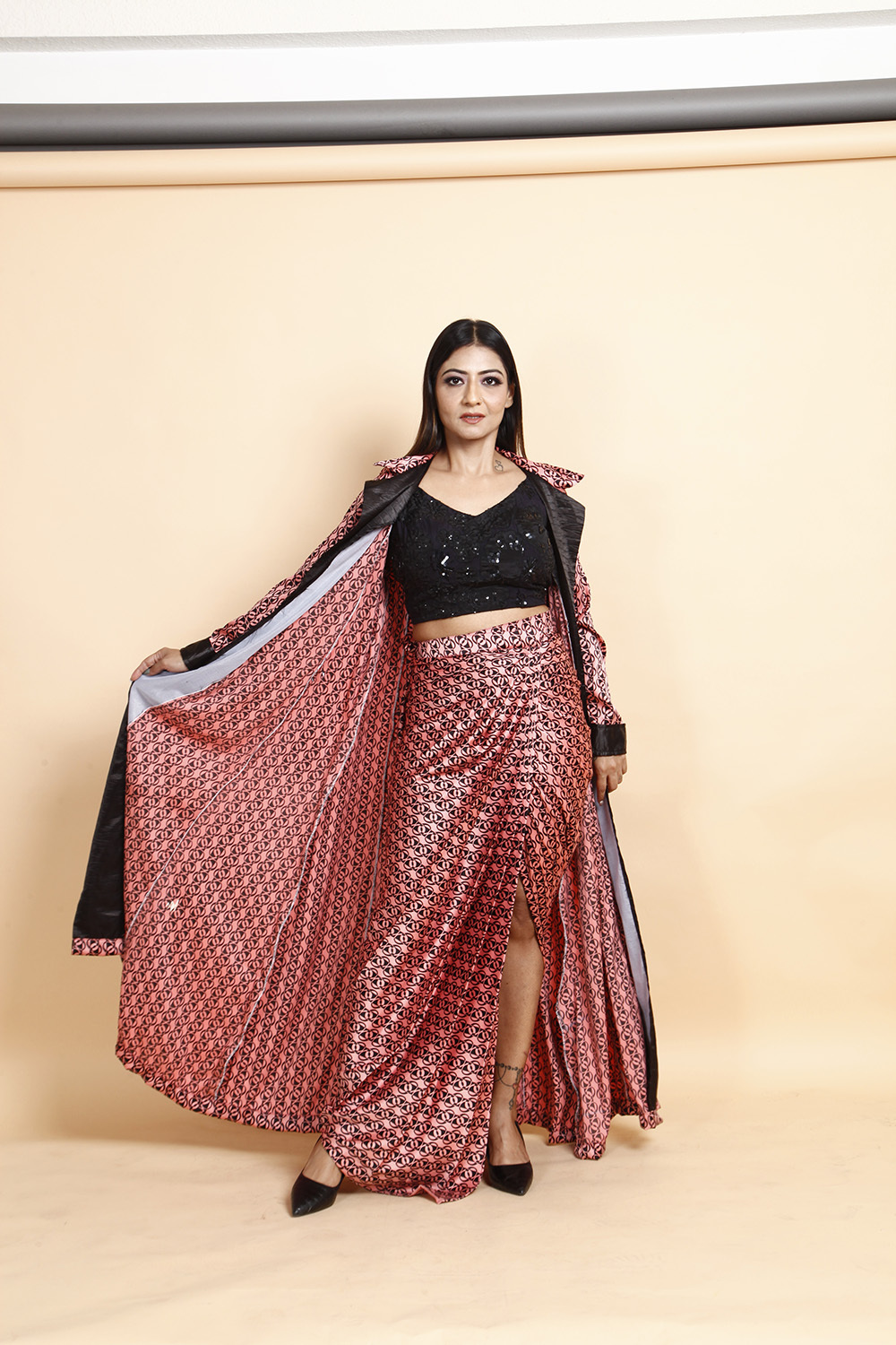 Designer Black Sequin Crop Top with Printed Wrap Skirt & Dupatta