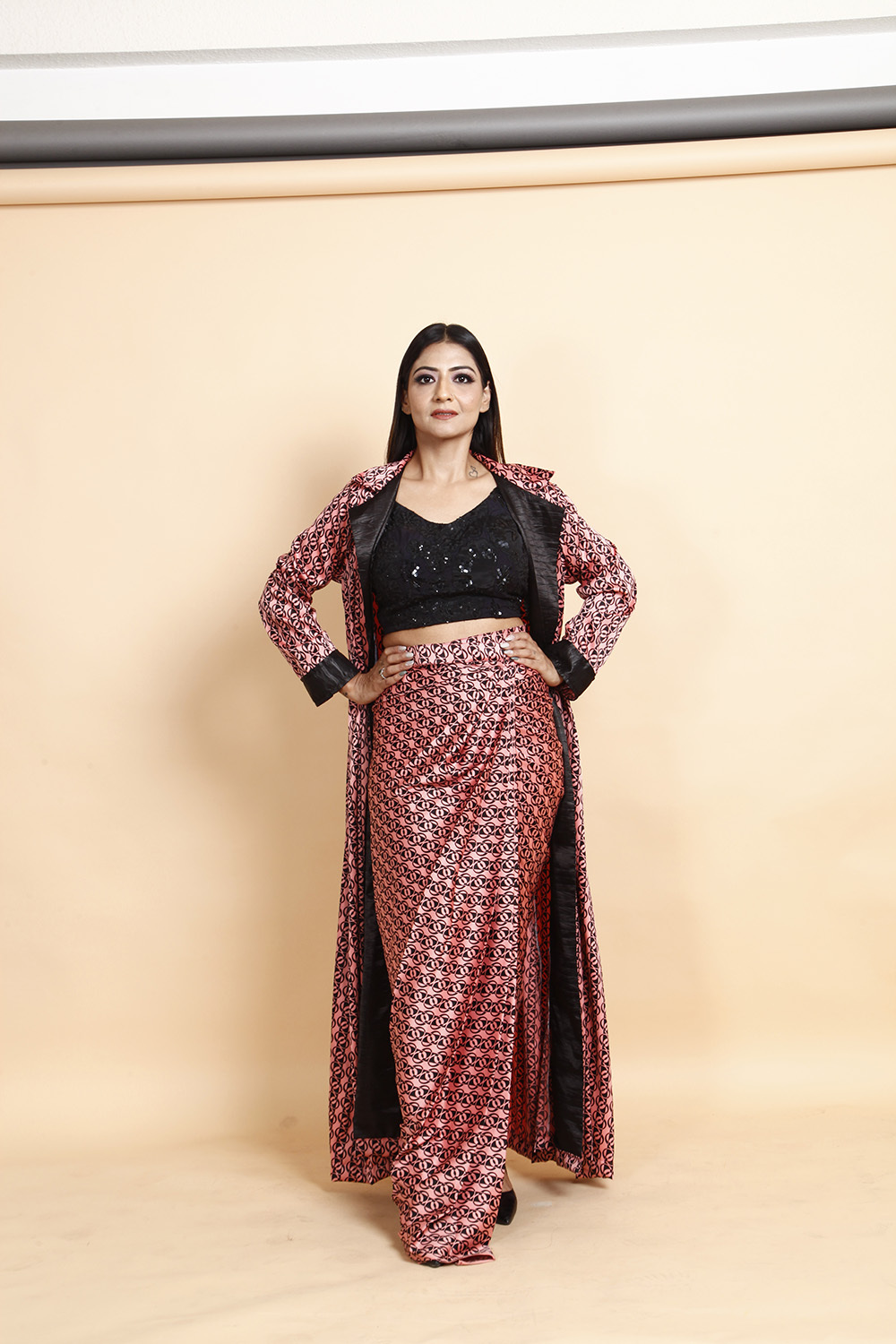 Designer Black Sequin Crop Top with Printed Wrap Skirt & Dupatta