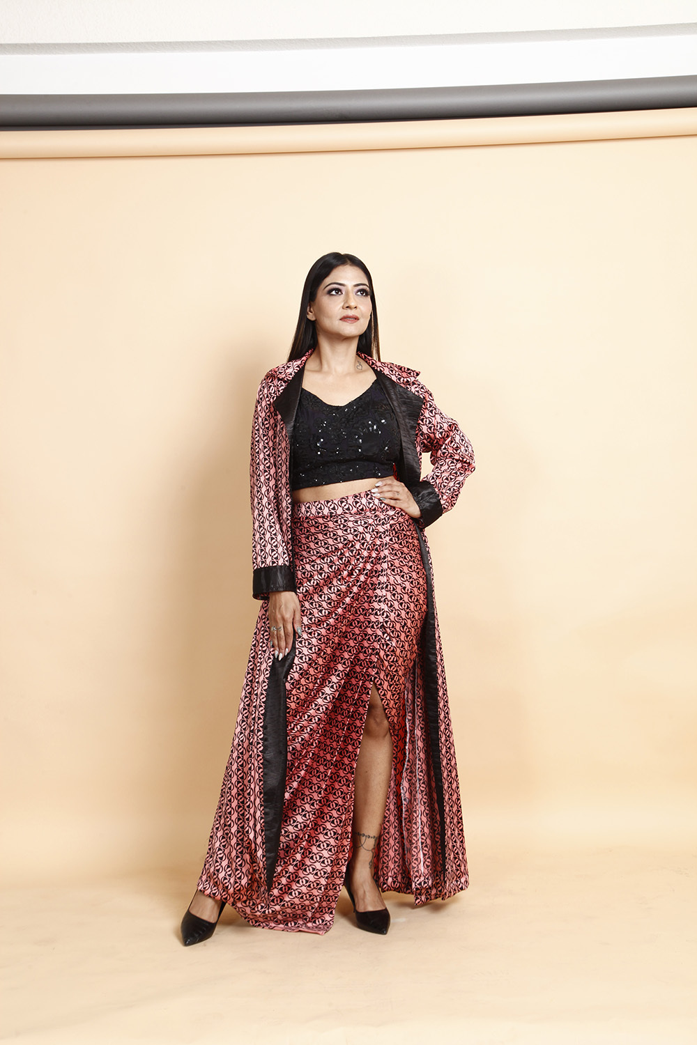 Designer Black Sequin Crop Top with Printed Wrap Skirt & Dupatta