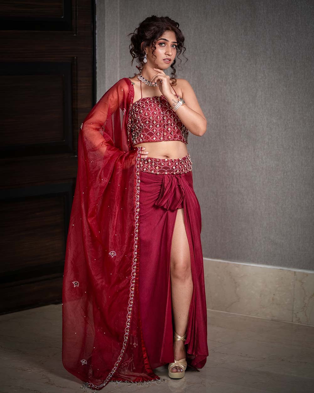 Designer Maroon Embroidered Lehenga Set with Dupatta
