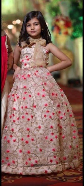 Kids Cream & Pink Floral Embroidered Gown