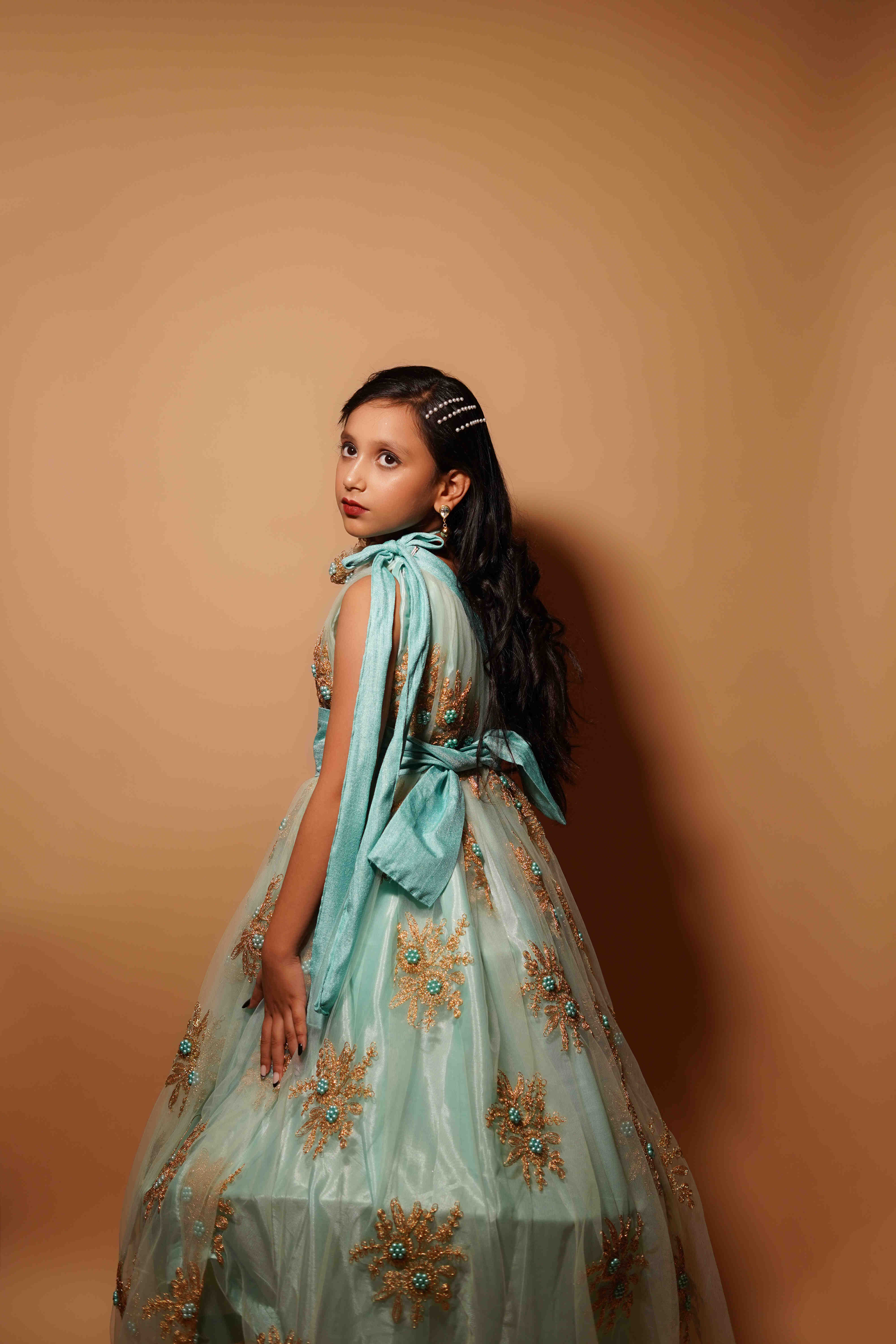 Girls Party Wear One-Shoulder Gown – Aqua Blue & Golden Embroidery