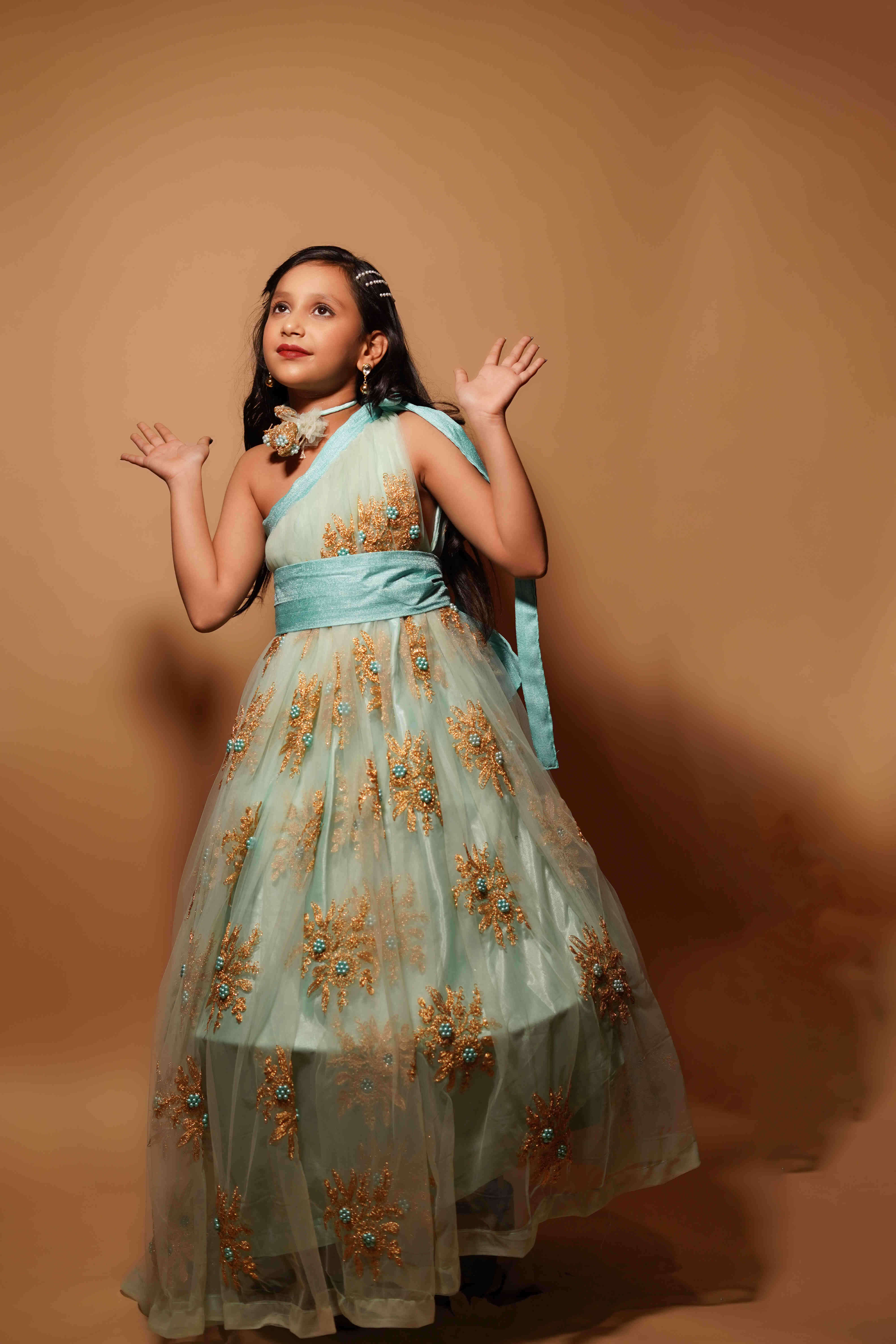 Girls Party Wear One-Shoulder Gown – Aqua Blue & Golden Embroidery