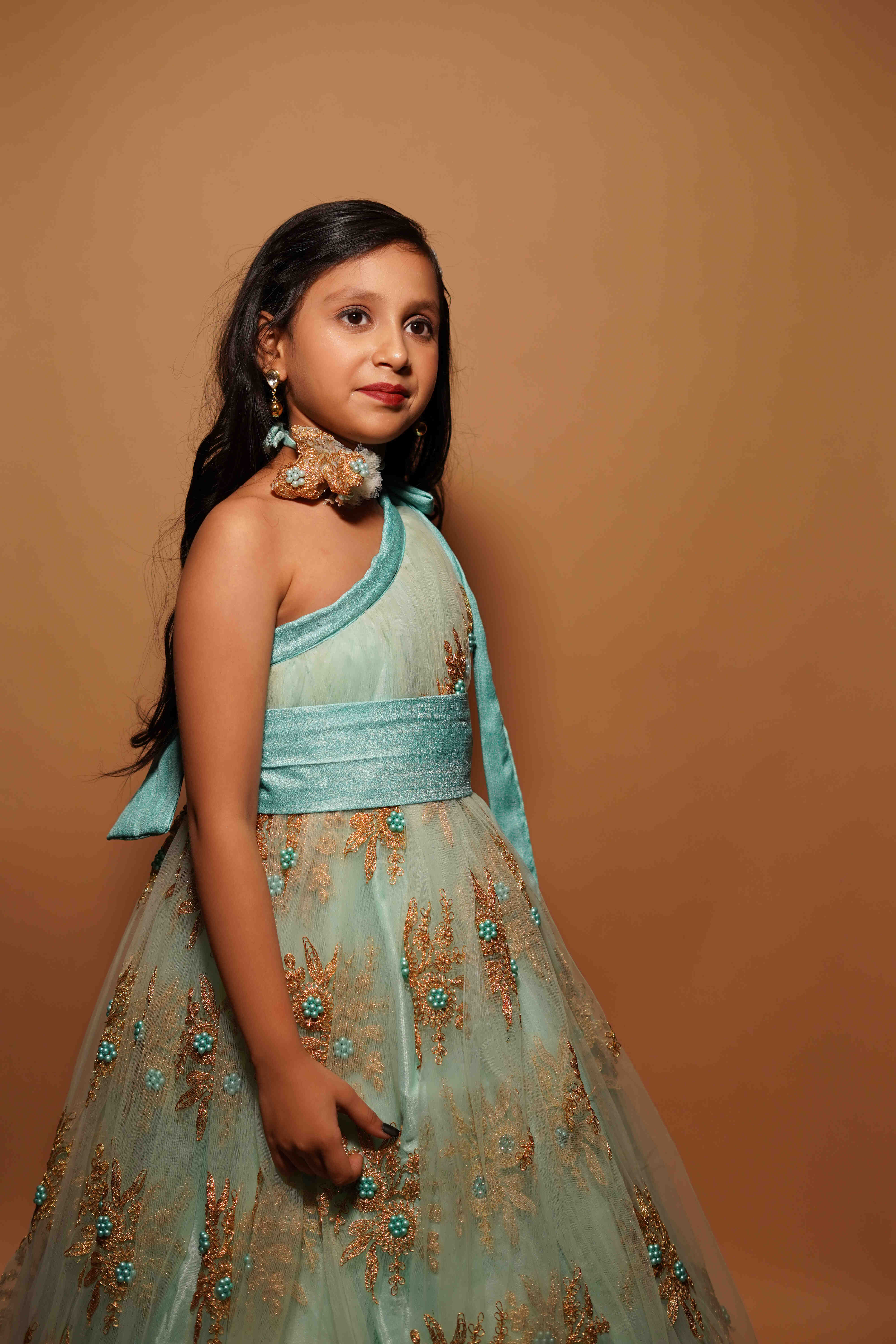 Girls Party Wear One-Shoulder Gown – Aqua Blue & Golden Embroidery