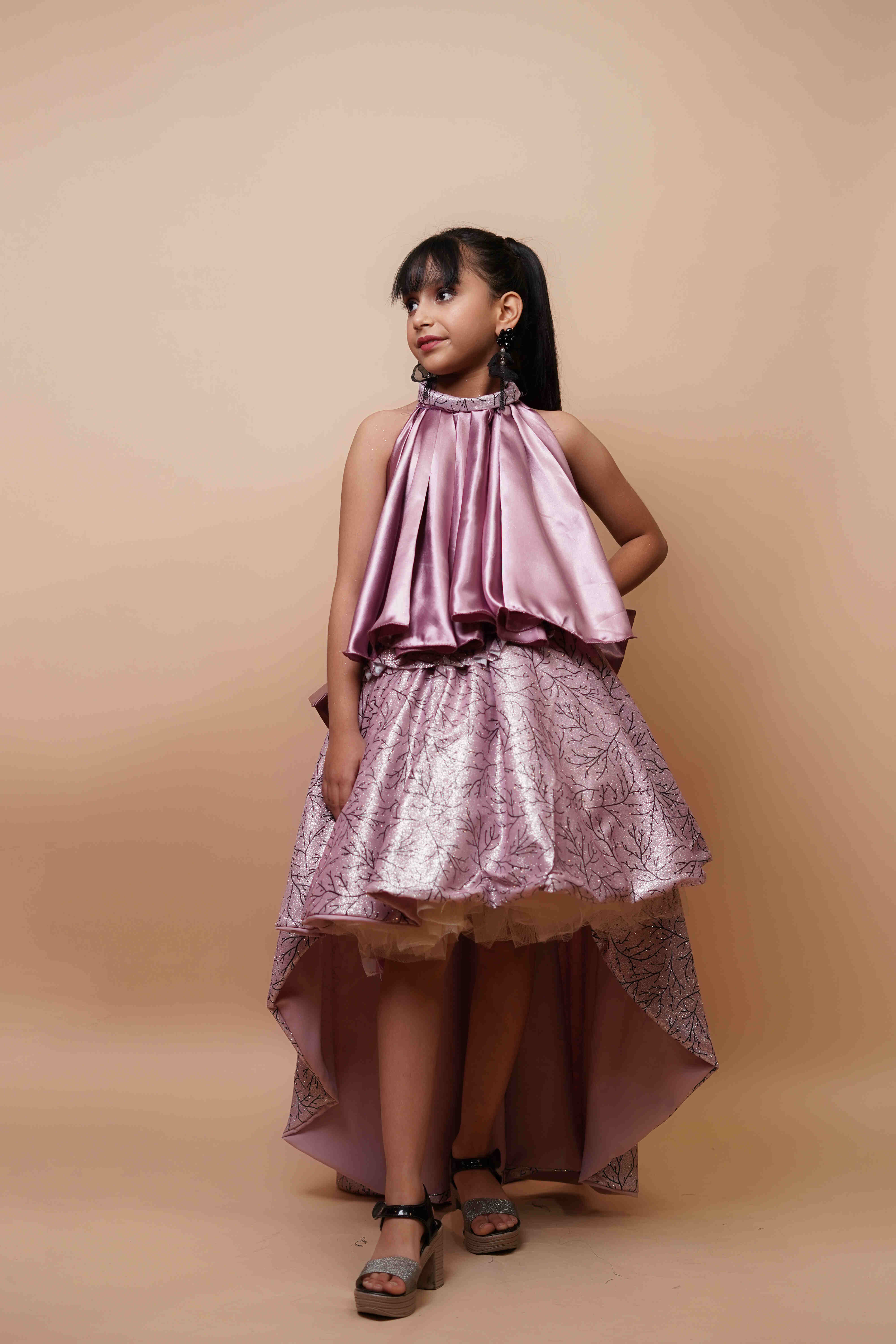 Girls Designer High-Low Party Dress – Metallic Lilac Satin Finish