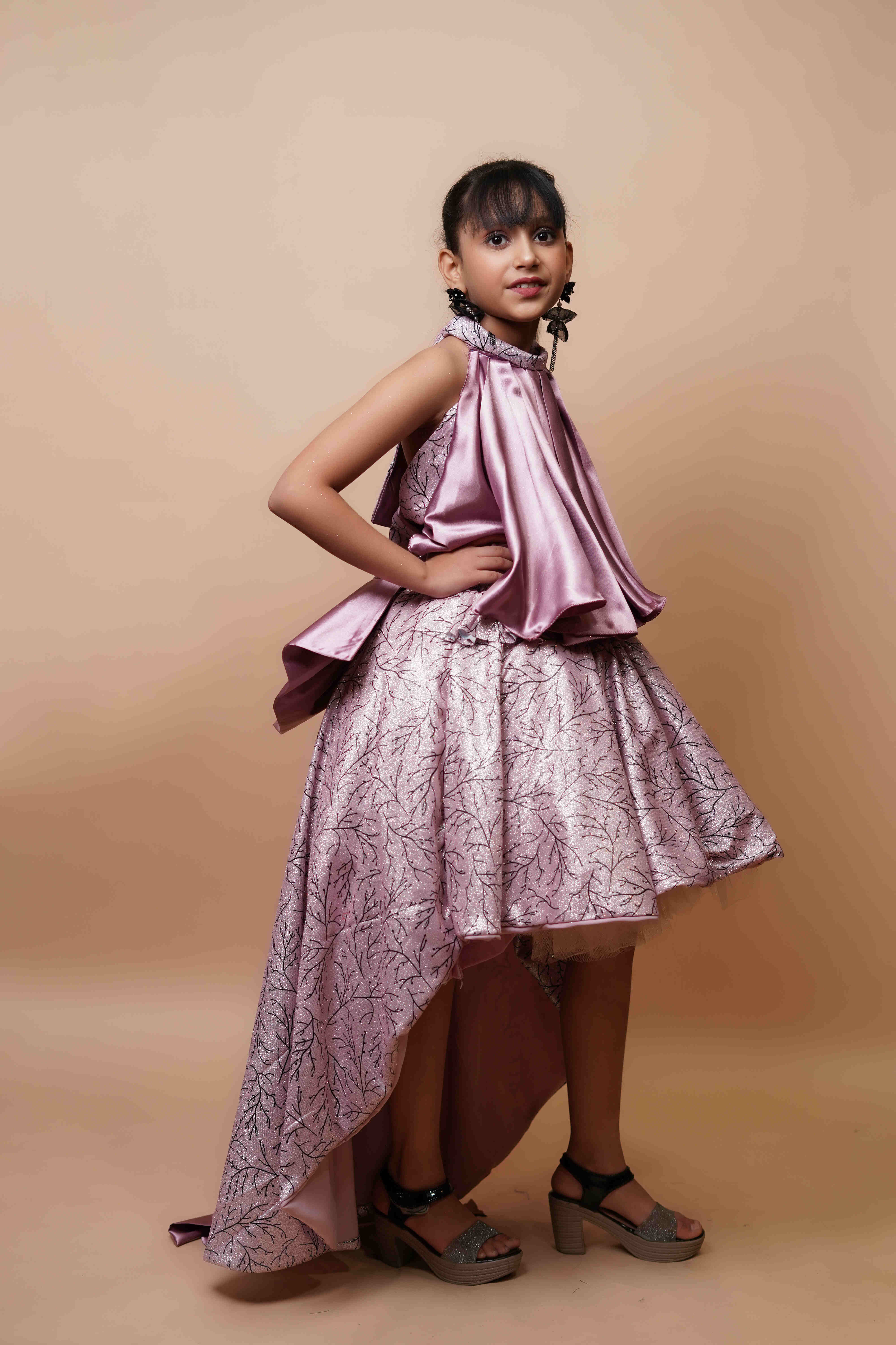Girls Designer High-Low Party Dress – Metallic Lilac Satin Finish