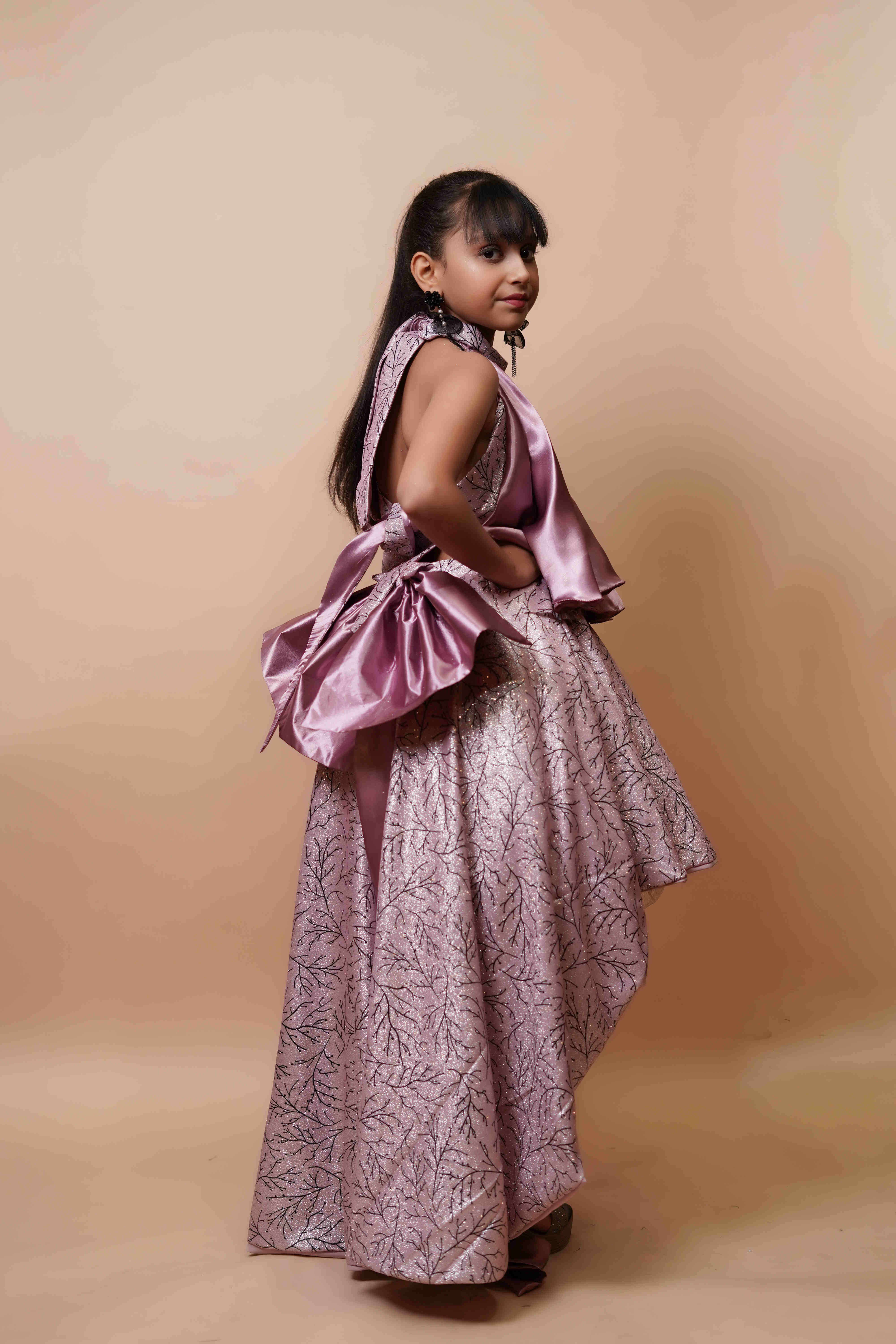Girls Designer High-Low Party Dress – Metallic Lilac Satin Finish