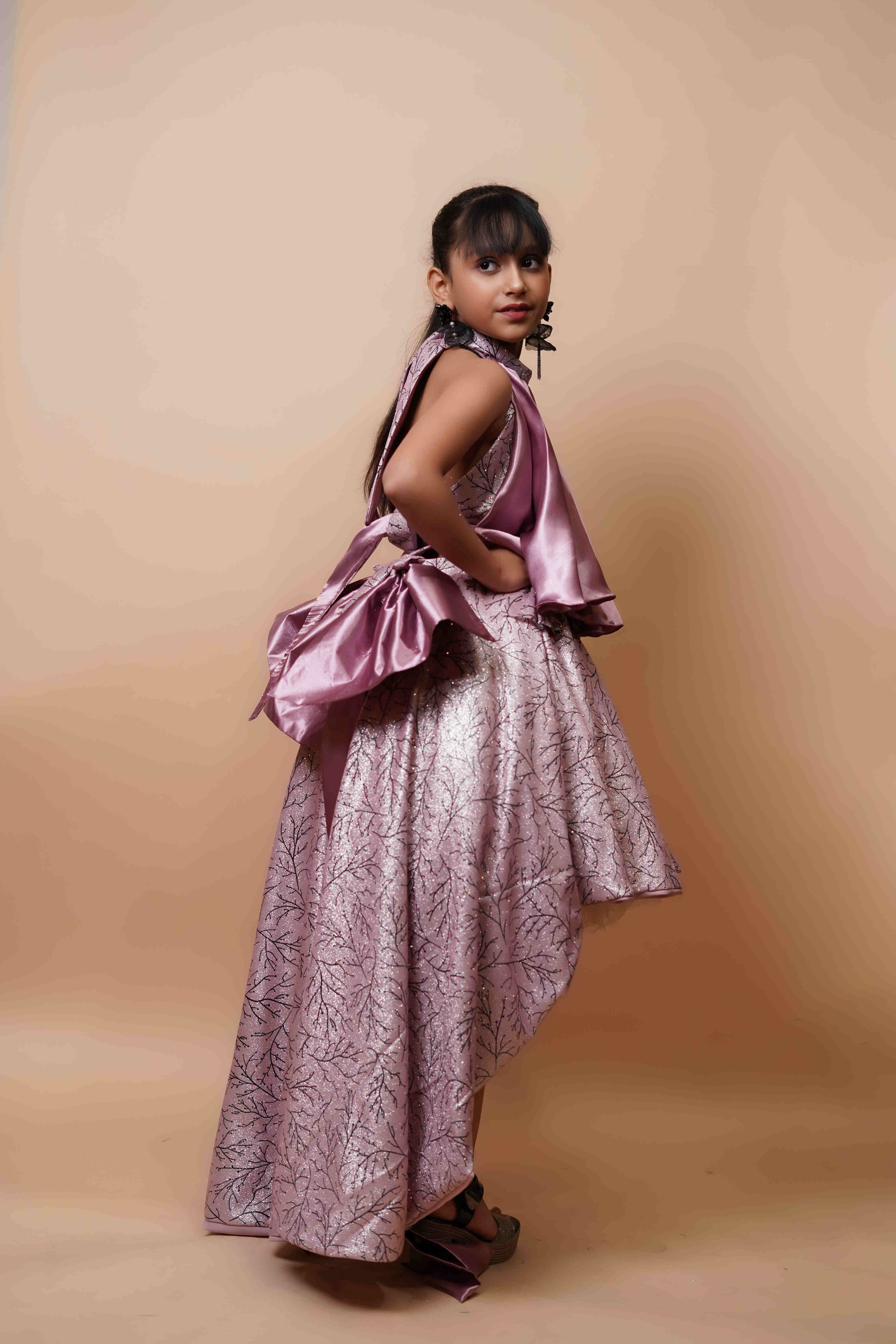 Girls Designer High-Low Party Dress – Metallic Lilac Satin Finish