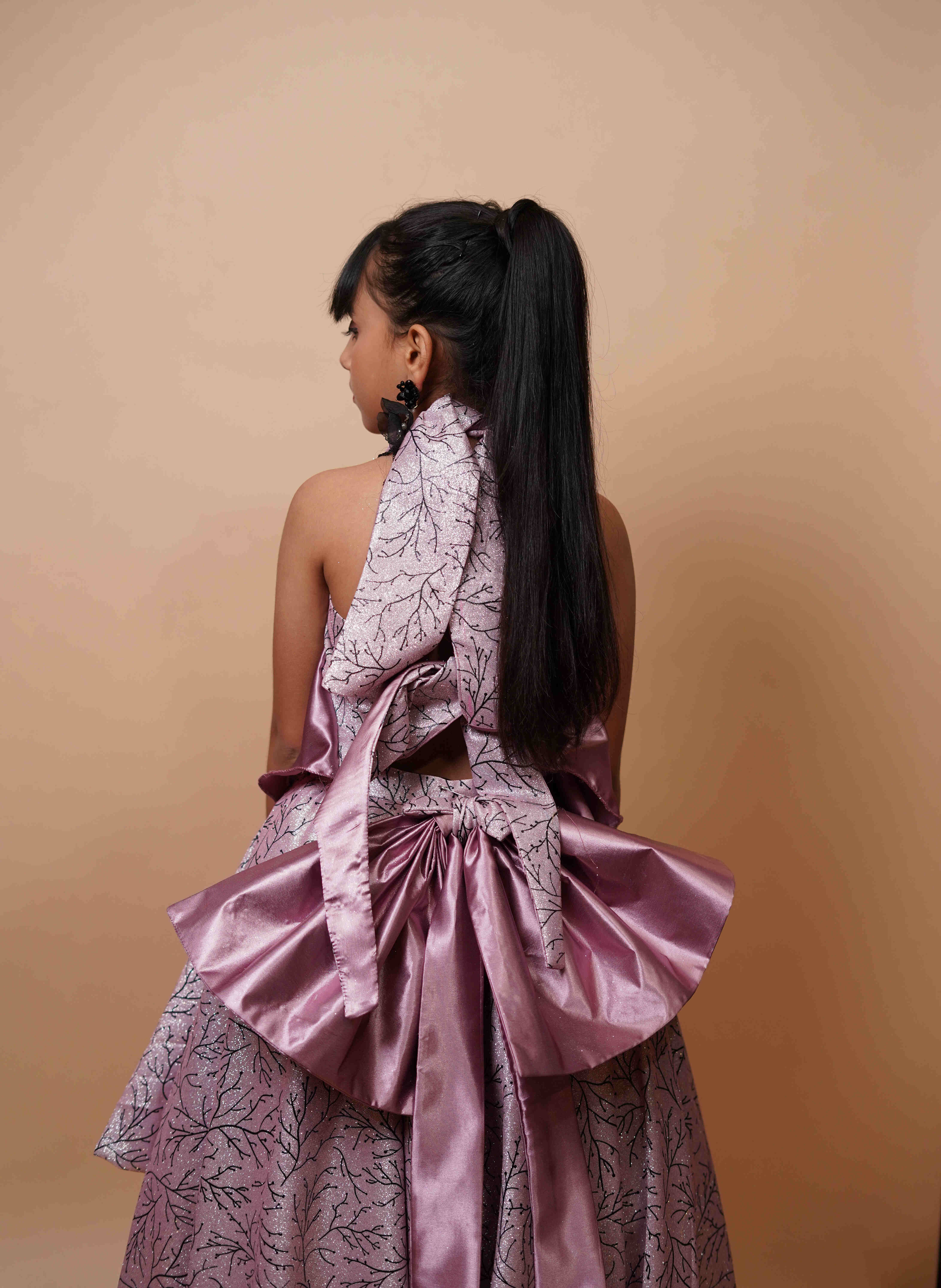 Girls Designer High-Low Party Dress – Metallic Lilac Satin Finish