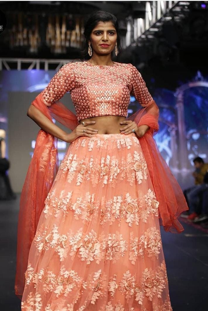 Designer Peach Embroidered Net Lehenga Choli with Mirror Work Blouse