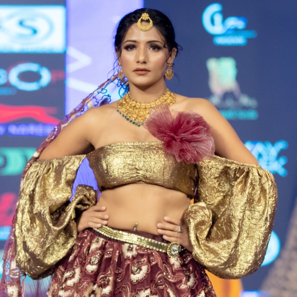 Designer Maroon & Gold Brocade Lehenga Choli with Puff Sleeves