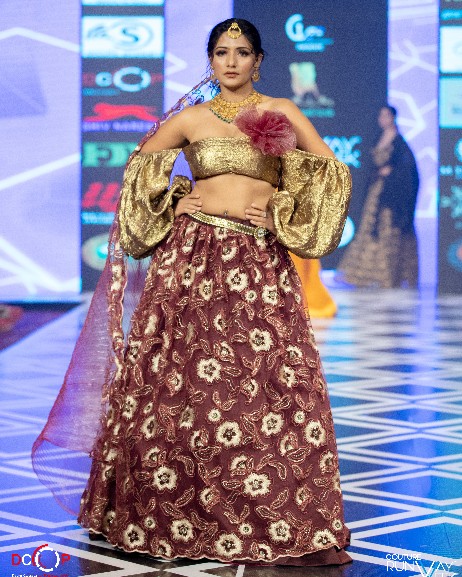 Designer Maroon & Gold Brocade Lehenga Choli with Puff Sleeves
