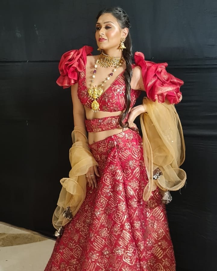 Red & Gold Brocade Lehenga Choli with Ruffled Sleeves