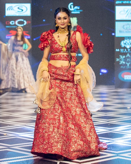 Red & Gold Brocade Lehenga Choli with Ruffled Sleeves