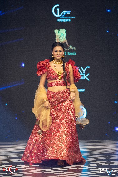 Red & Gold Brocade Lehenga Choli with Ruffled Sleeves