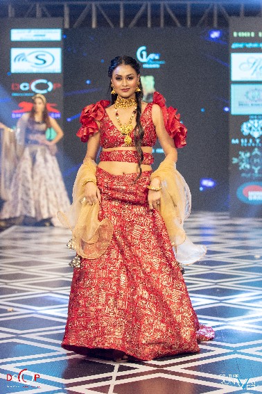 Red & Gold Brocade Lehenga Choli with Ruffled Sleeves