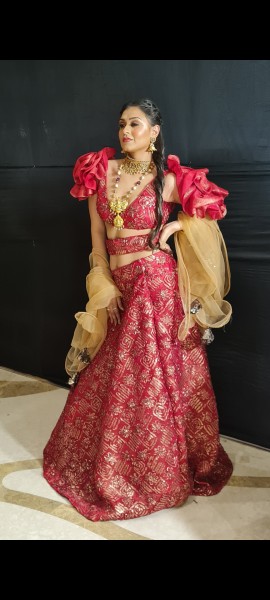 Red & Gold Brocade Lehenga Choli with Ruffled Sleeves