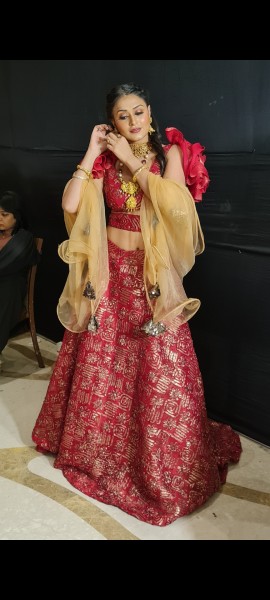 Red & Gold Brocade Lehenga Choli with Ruffled Sleeves