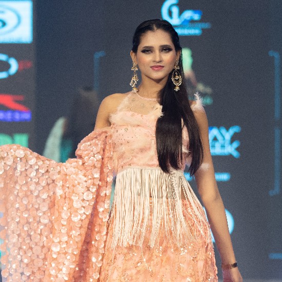 Designer Peach Embellished One-Shoulder Evening Gown