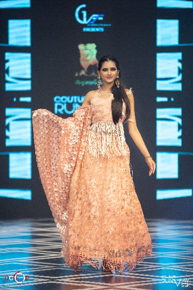 Designer Peach Embellished One-Shoulder Evening Gown