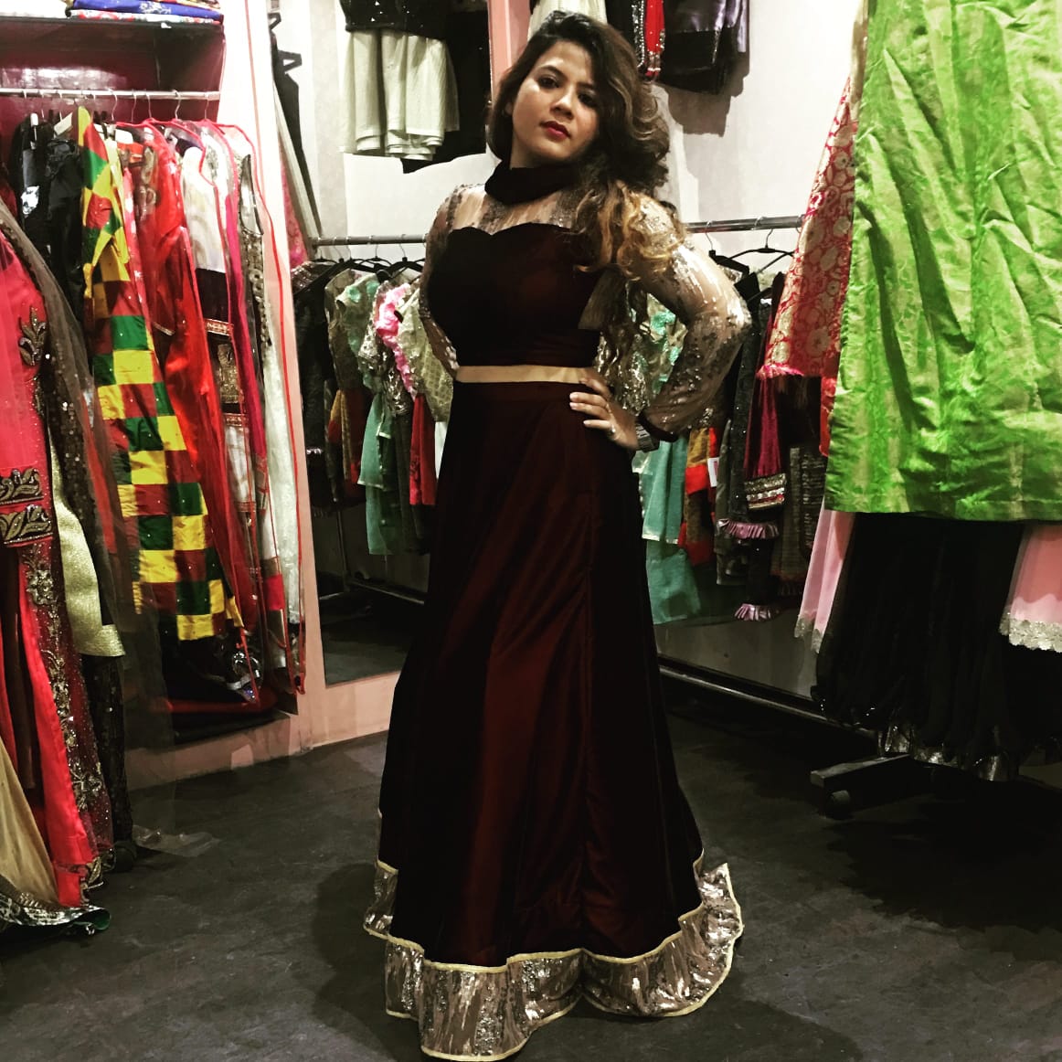 Maroon Velvet Lehenga Set with Golden Sequin Sleeves & Border